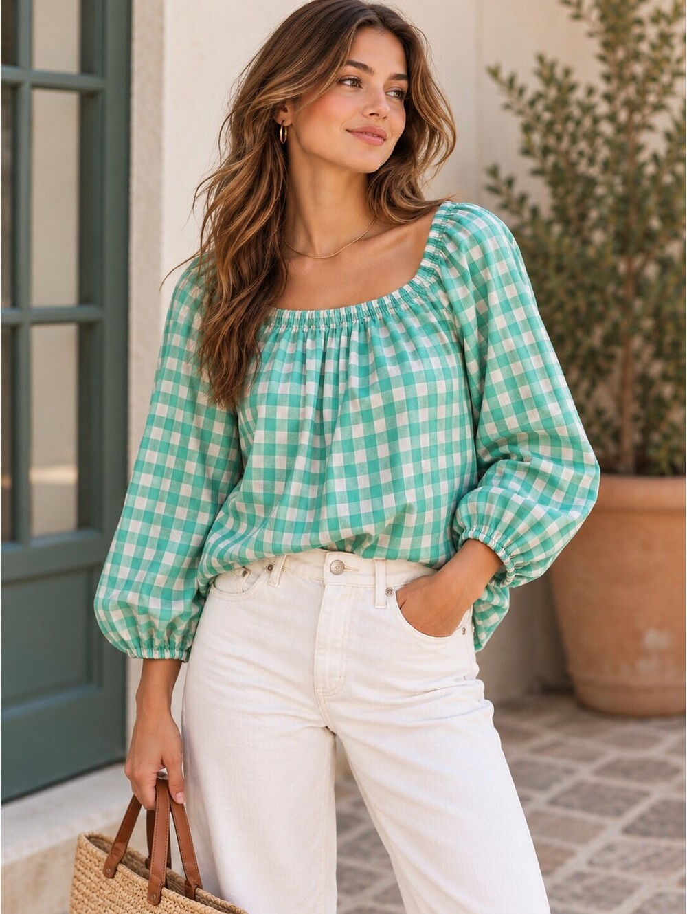 a.n.a Green and White Gingham Check Cotton Blouse XS